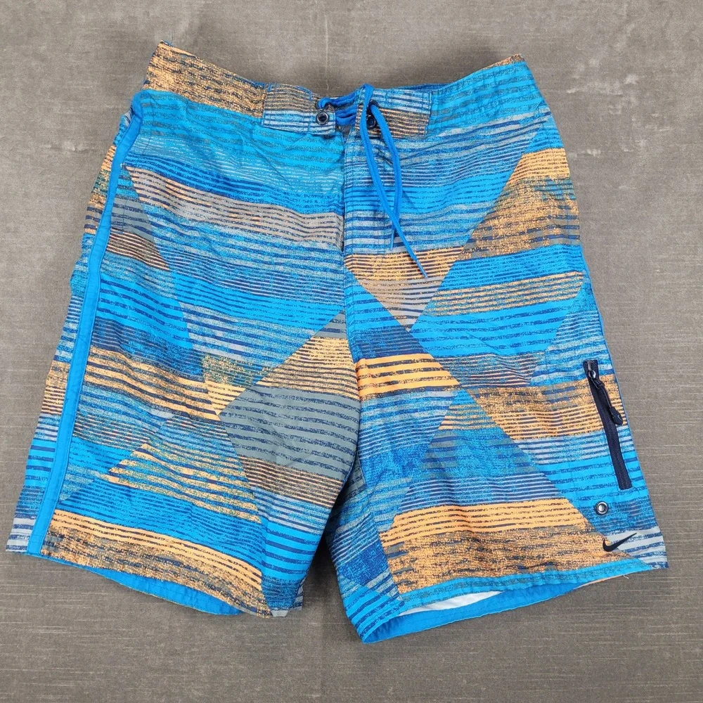 Nike Mens Blue Orange Geometric‎ Striped Board Shorts Swim Trunks Small